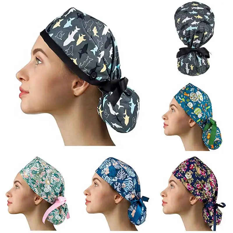 

Шапка-скраб с пуговицами Bouffant шапка с повязкой для женщин прочная регулируемая эластичная многоцветная шапочка для здоровья домашних живо...