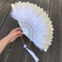 turkey feather hand fan wedding handmade feathers for crafts fans lace ladies dance decoration diy performance show props decor