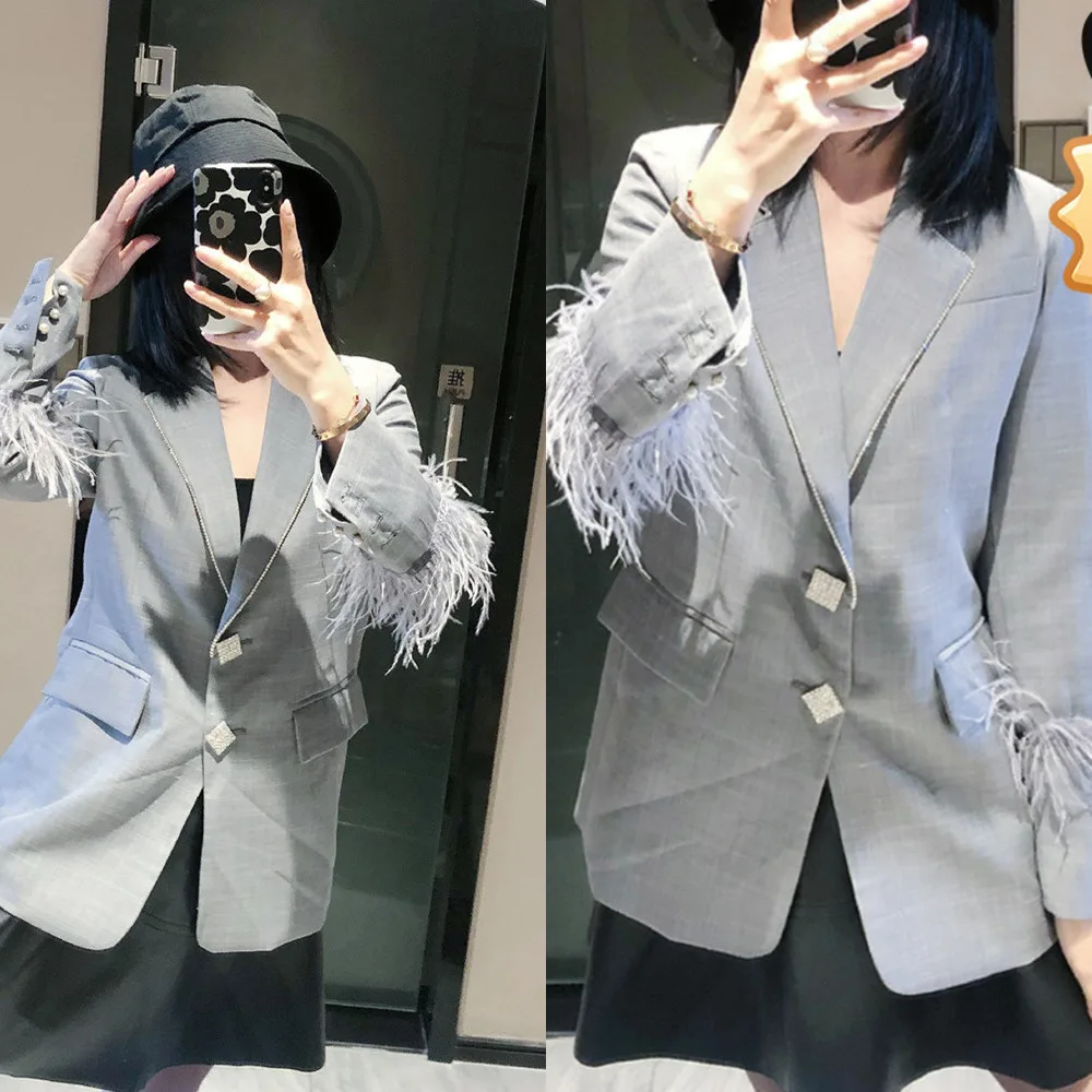 

2020 Autumn Women's Blazer New Fashion High-quality Feather Tassels Rhinestone Buckle Slim Long Suit Ladies
