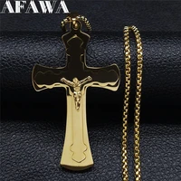 stainless steel christian cross jesus long big pendant necklace women gold color statement necklace jewelry colgante n4297s02