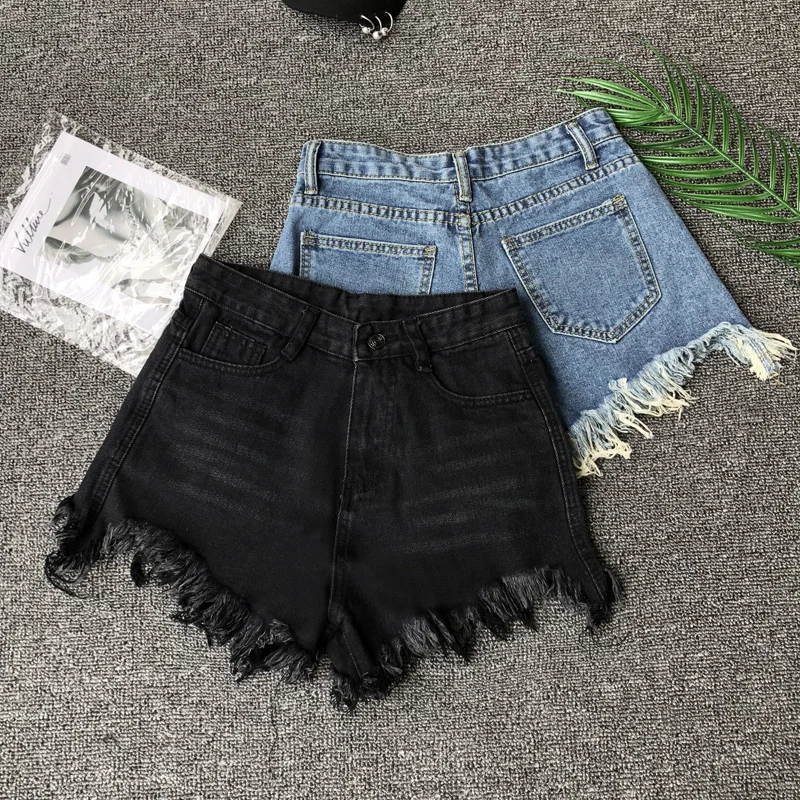 

2020 European and American style summer fashion irregular denim shorts women high waist tassel black wide leg jeans shorts