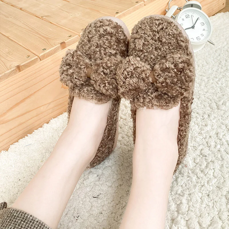 

Cotton Moccasins Lamb Furry Bow-knot Round Toe Loafers Slip On Solid Warm Shoes Women Wool Fur Comfy Platform Flats Espadrilles