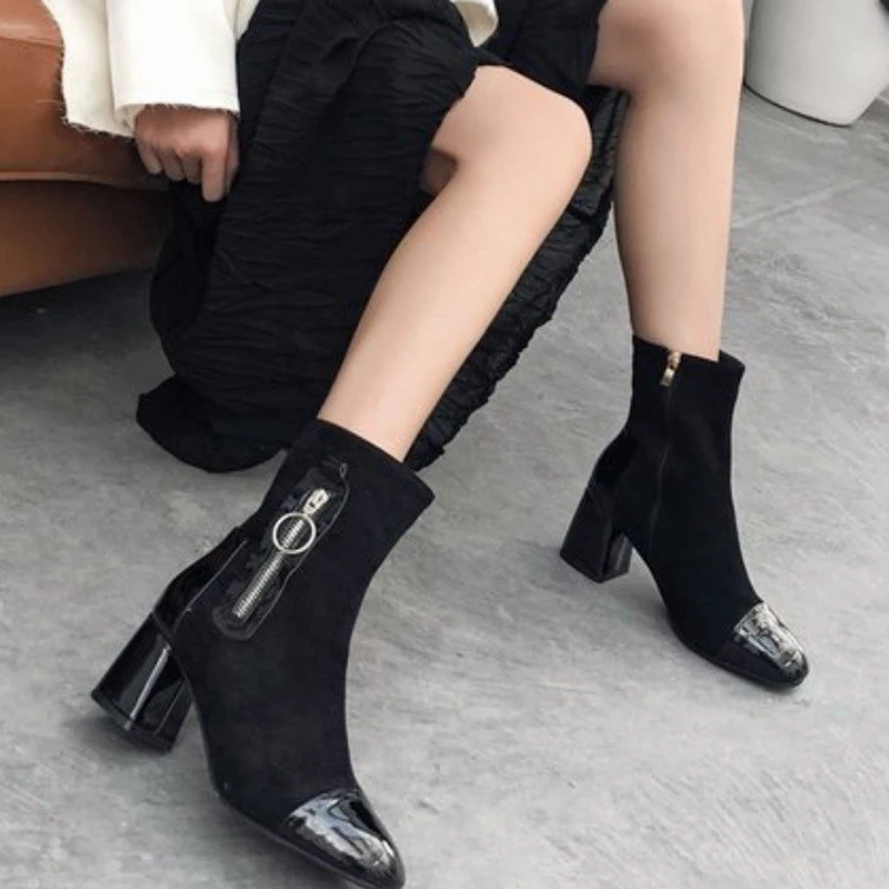 

Ботинки-носки из кожи и флока в стиле пэчворк, Осень-зима, новинка, эластичные флоковые Ботинки Челси с боковой молнией, женские ботинки с пл...