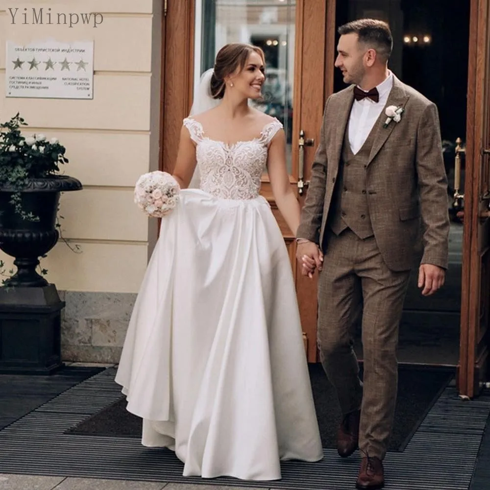 

YiMinpwp Country Wedding Dresses Sheer Neck Floor Length A Line Appliques Beach Bridal Gowns robes de mariee Cheap