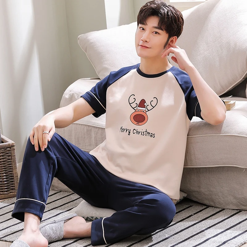 

Plus Size 2021 Spring Summer Short Sleeve Long Pants Cotton Pajama Sets for Men Sleepwear Suit Pyjama Male Homewear Home Clothes