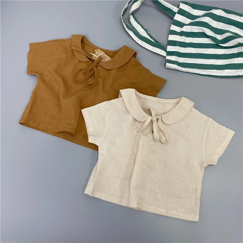 

WLG Girls Loose Shirts Kids Clothes Summer Beige Brown Short Sleeve Cotton Linen Blouse Baby Girl Casual Clothes