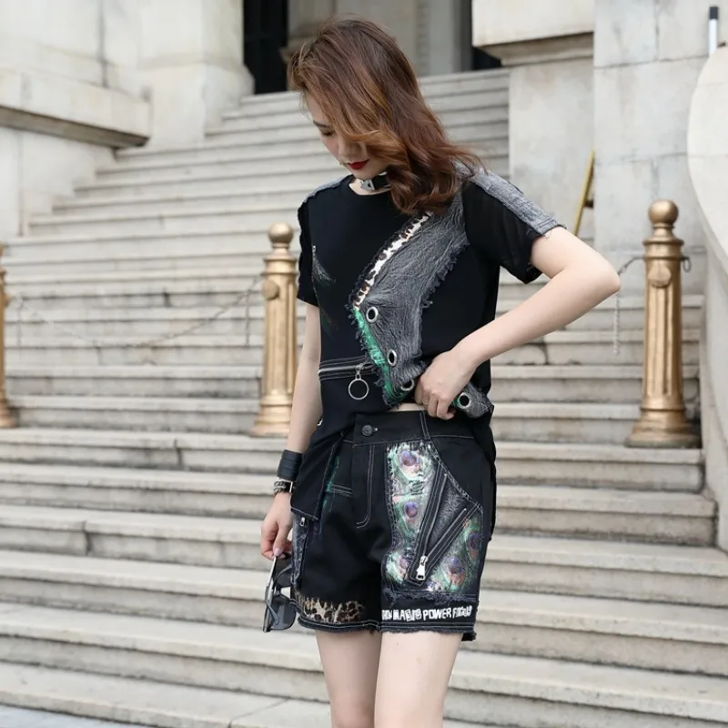 Women 2 Piece Sets Summer Asymmetrical Patchwork T-Shirts Tops Elastic High Waist Printed Leopard Shorts Female Streetwear Sets