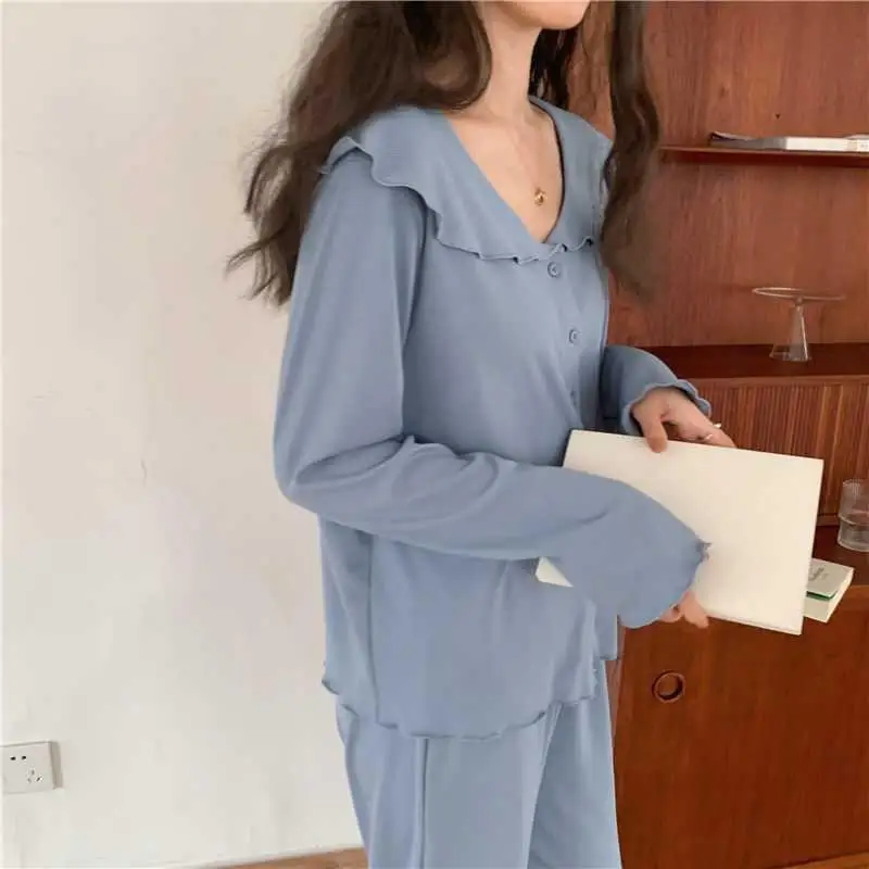 Pajamas Women's Spring Autumn Simple Long Sleeve Korean Leisure Home Wear Lady Nightgown Thin Female Sleepwear Set Sleeping Wear