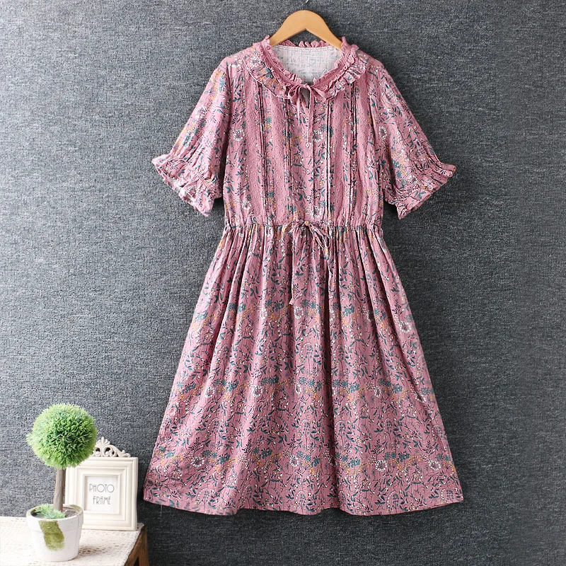 

New summer dress women fresh Ruffle O neck print dress short sleeve loose dress