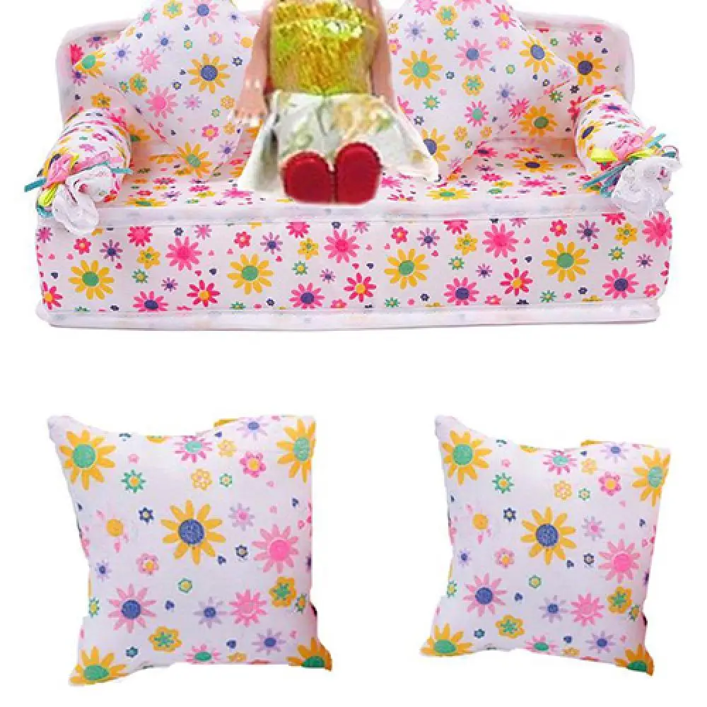 

Mini Furniture Flower Fabric Sofa Couch + 2 Cushions for Doll House Accessories