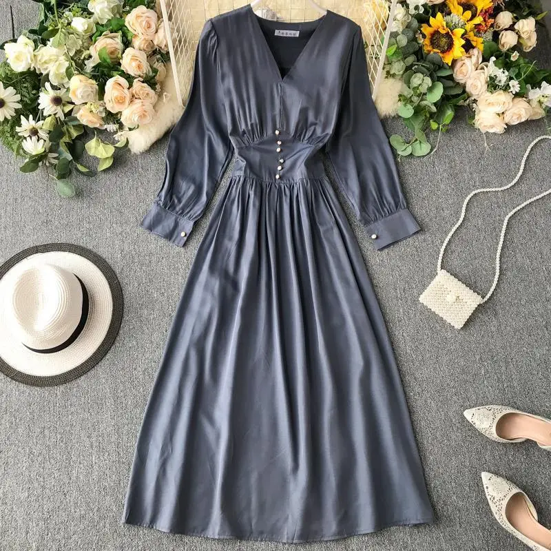 2019 Новое весенне осеннее винтажное платье женское тонкое с длинным рукавом v