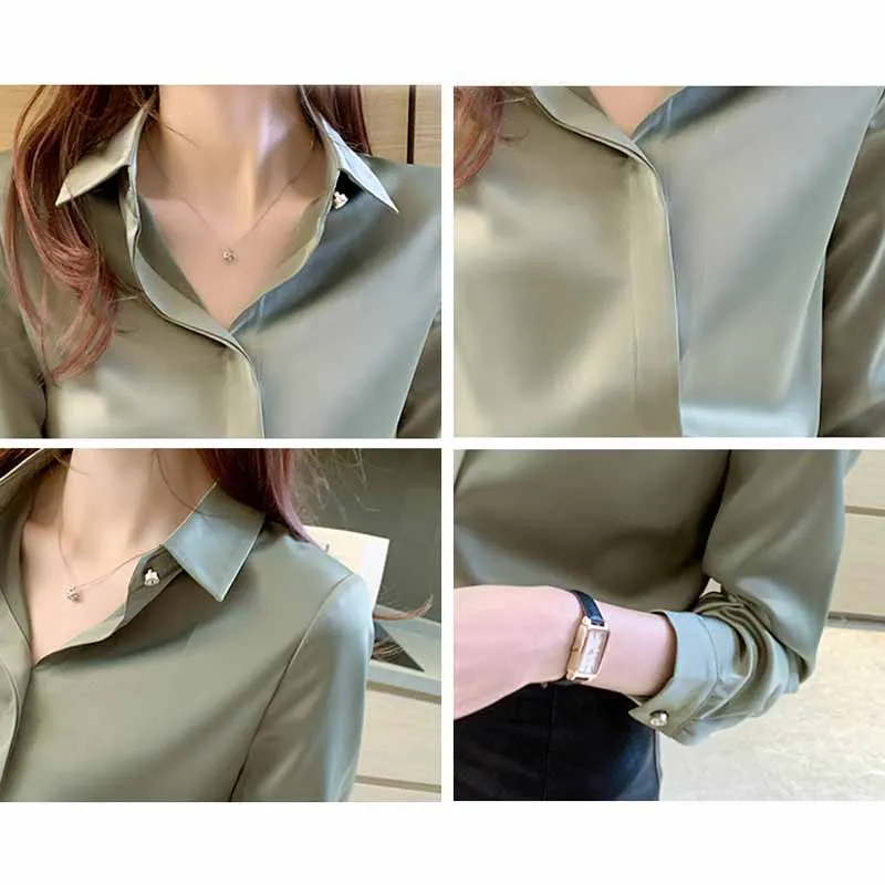 

Autumn Elegant Chiffon Shirts Women Blouses Office Lady Long Sleeve Blue Tops Turn-down Collar Solid Female Korean Clothes 12128