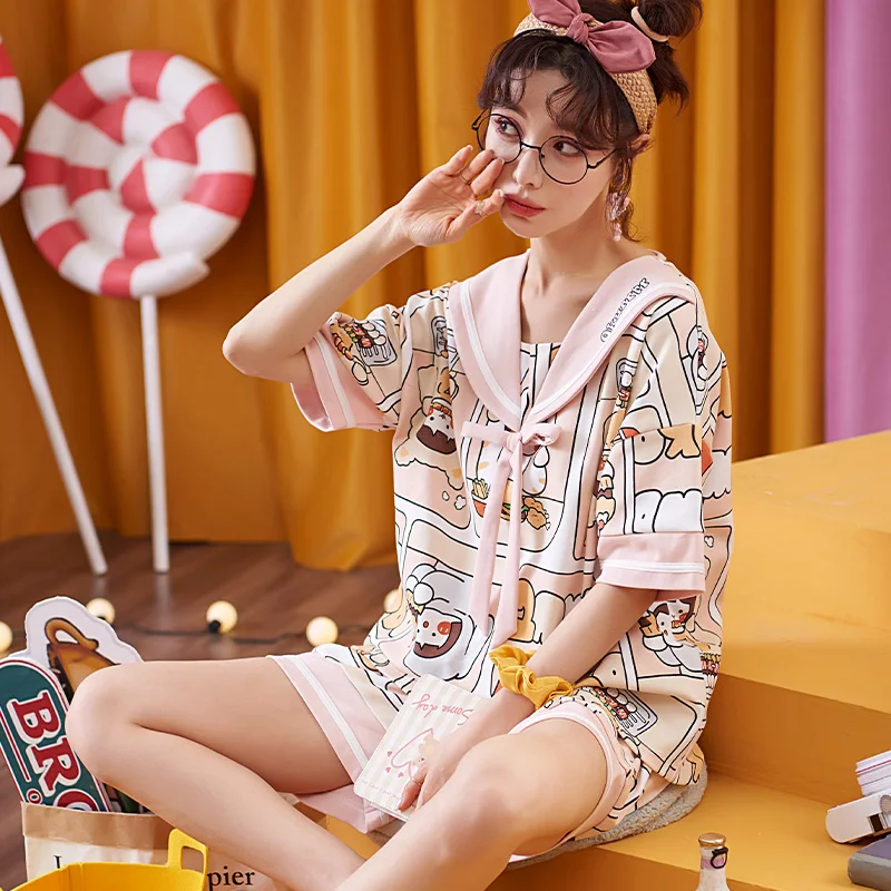 

Tonngirls Summer Pajamas Women Cotton Plus Size Cartoon Sweet Sleeping Short Night Suit Women Cute Print Homewear Female Fashion