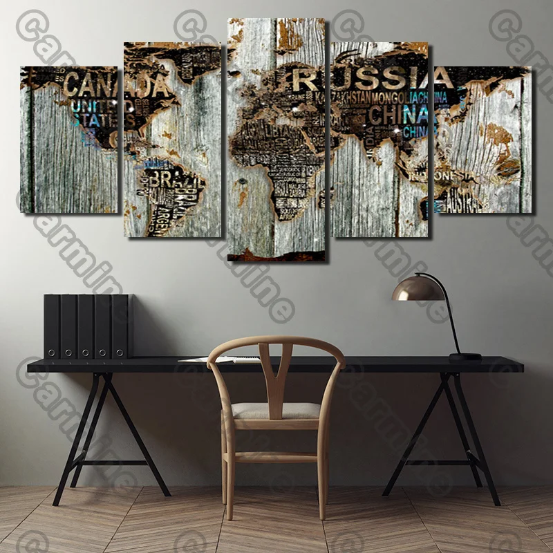 

Poster Wood Color World Map Canvas Painting 5Pcs Posters Painting Wall Art Decoration for Living Room and Bedroom Frameless