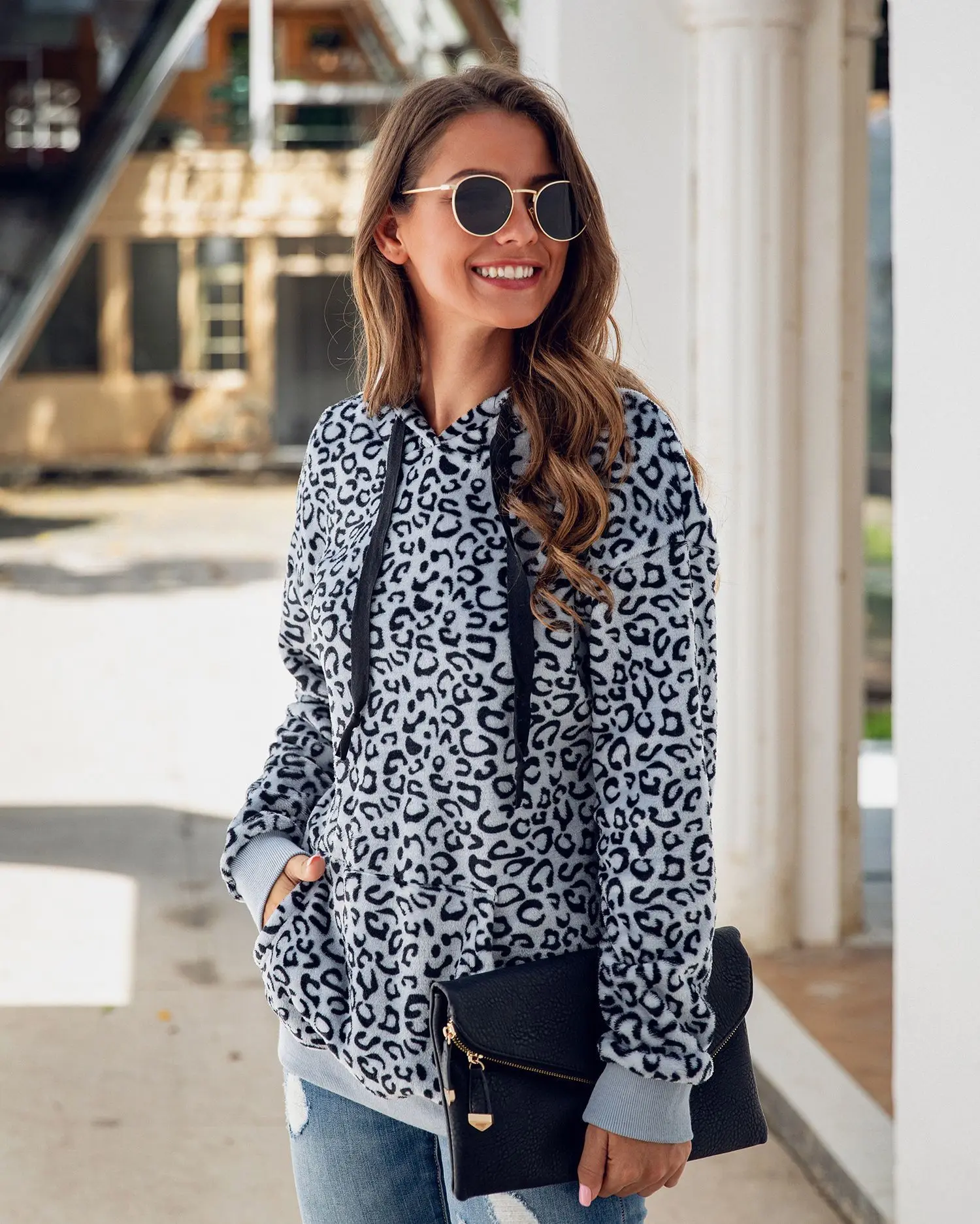 

Winter sexy leopard print pocket tether hoodie women plush