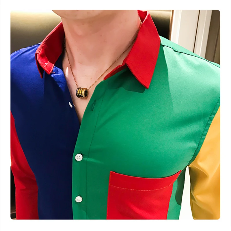 

Contrast Multi Color Shirt Men Long Sleeve Slim Fit Fashion Patchwork Mens Casual Shirts Korean Pocket Prom Men's Shirts V207
