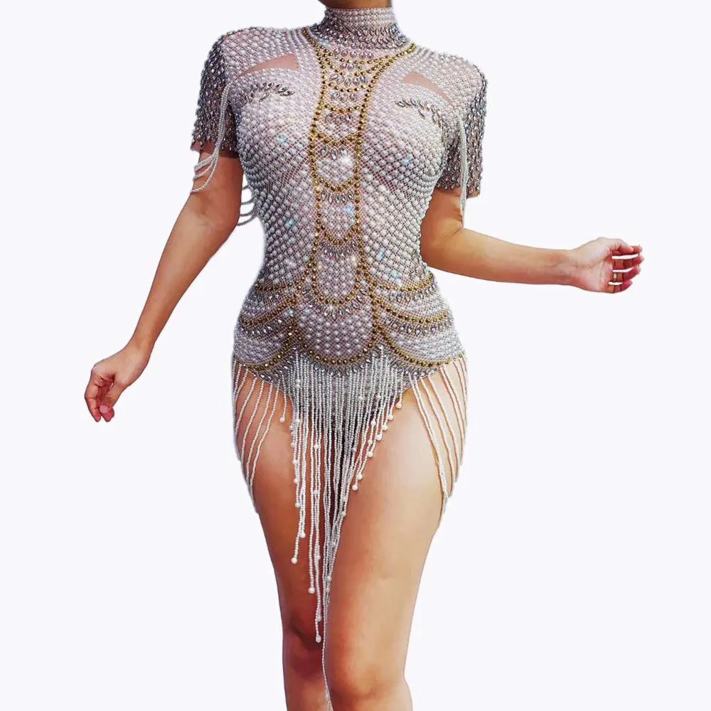 Vintage Pearls Rhinestone Party Bodysuits Stretch Fringes Crystal Leotard Women Stage Dance Costume Showgirl Performance Clothes