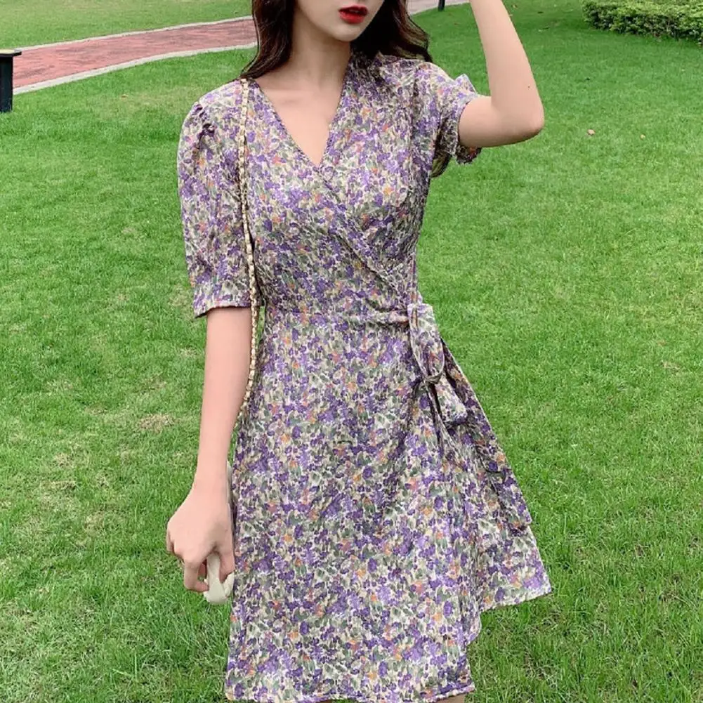 

2021 Summer Retro floral Print Women Dress Elegant Short Puff Sleeve Knee-Length Dress Boho Sundress Beach Dress Vestidos femme