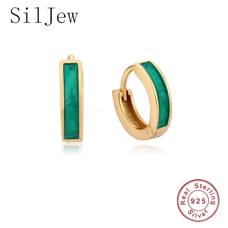 

SilJew New Arrival Real 925 Sterling Silver Green Dripping Simple Ear Buckle for Women Trendy Chic French Style Earrings Jewelry