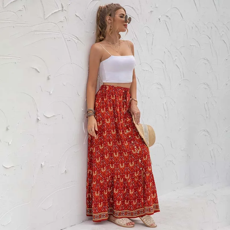 

High Waist Maxi Skirt Women Vintage Floral Print Button Decoration Split Female Casual Streetwear Boho Long Skirt Summer 2021
