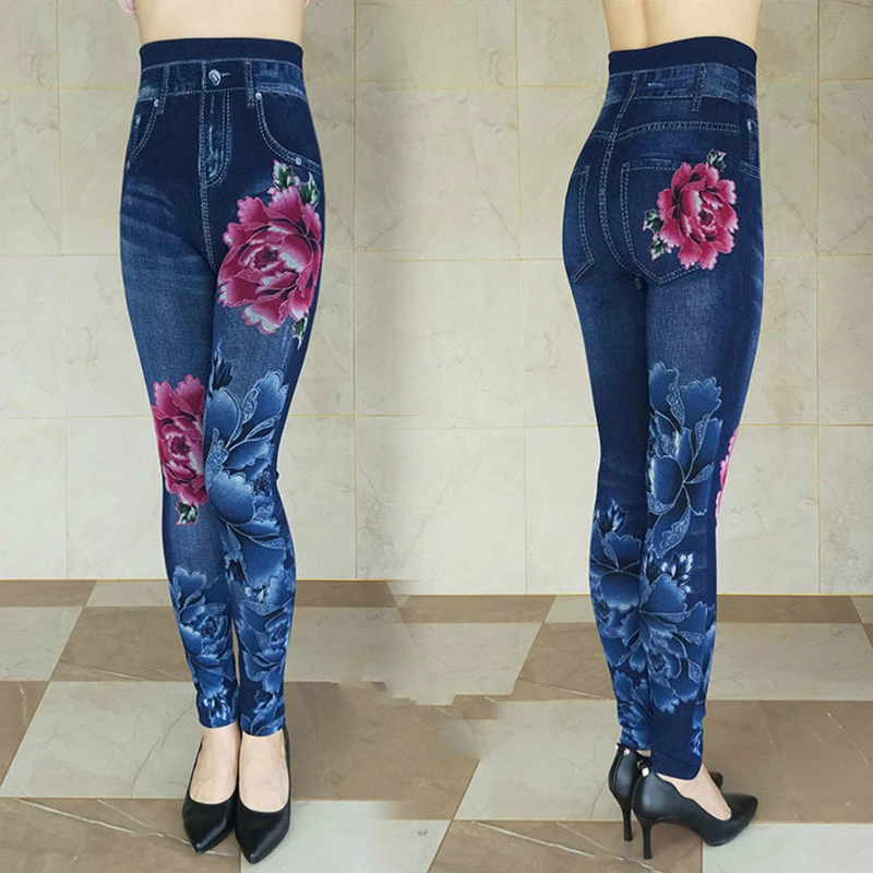 Летние эластичные джинсы с цветочным принтом для женщин повседневные облегающие