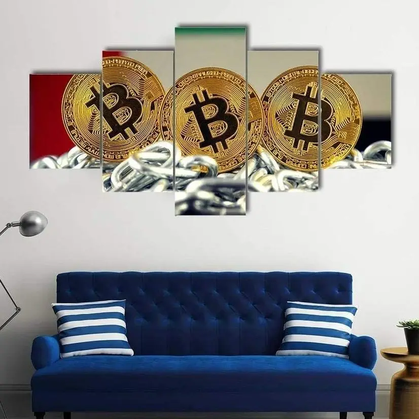 

No Framed Canvas 5 Pieces United Arab Emirates Flag with Bitcoins Wall Art Posters Picture Home Decor Paintings for Living Room