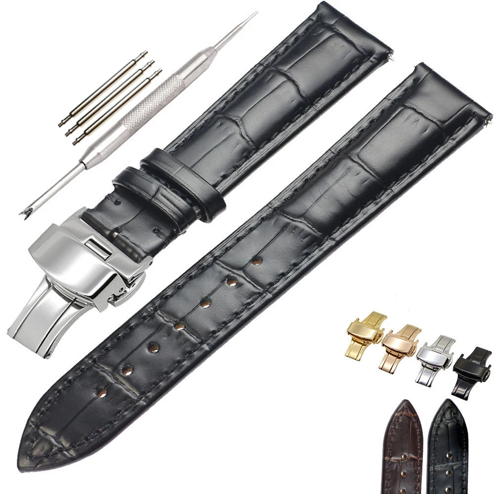 

14mm-22mm Calf Leather Watch Strap Stainless Steel Butterfly Clasp Watch Band Women Men Watch Wrist Belt Replacement Strap D30