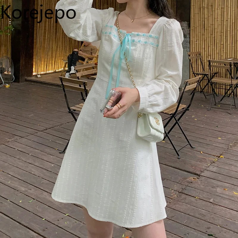 

Korejepo Women Dress 2021 Early Autumn New French Square Collar Long-sleeved Female Fairy Temperament Waist White Short Dresses