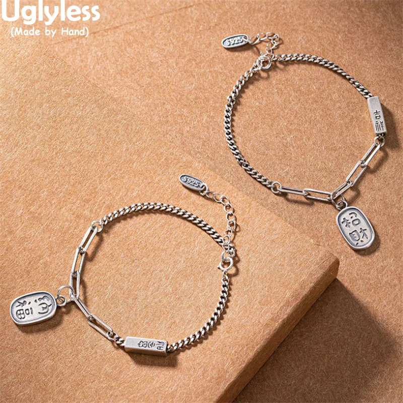 

Uglyless Thai Silver Pin Chains Bracelets for Women Chinese Be Rich Square Charms Bracelet 925 Silver Ethnic Dress Jewelry Retro