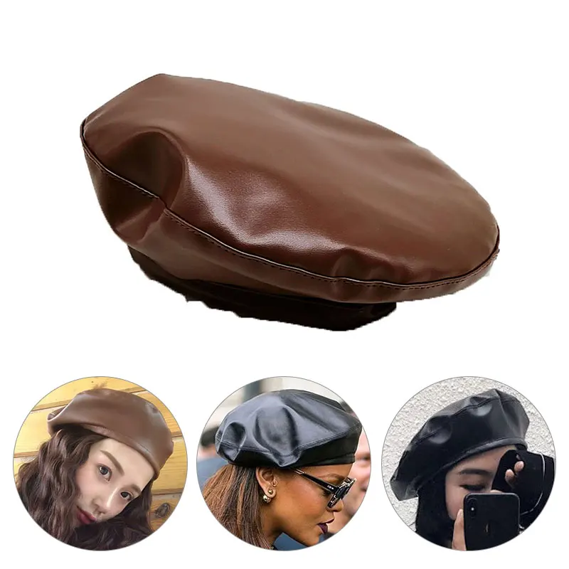 

New PU Leather Women Beret Hat 2020 New Fashion Street French Artist Warm Beanie Cap Autumn Winter Retro Solid Color Black Beret