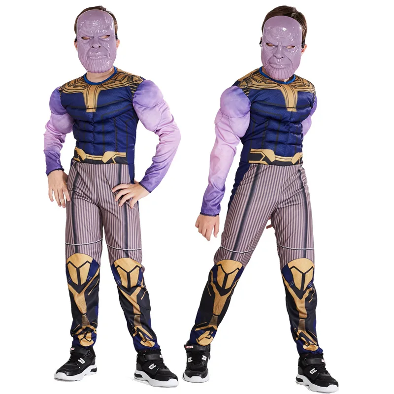 Deluxe Thanos Cosplay Costume Kids Avengers 4 Endgame Zentai Suit Jumpsuits Halloween with Mask for Child | Тематическая одежда и