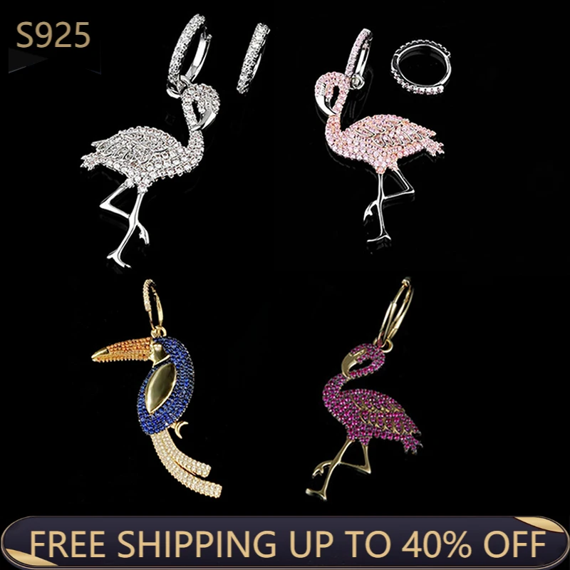 

925 стерлингового серебра серьги асимметрия Фламинго Тукан микровставки из циркона Монако, ювелирные изделия Роскошные модные леди на день ...