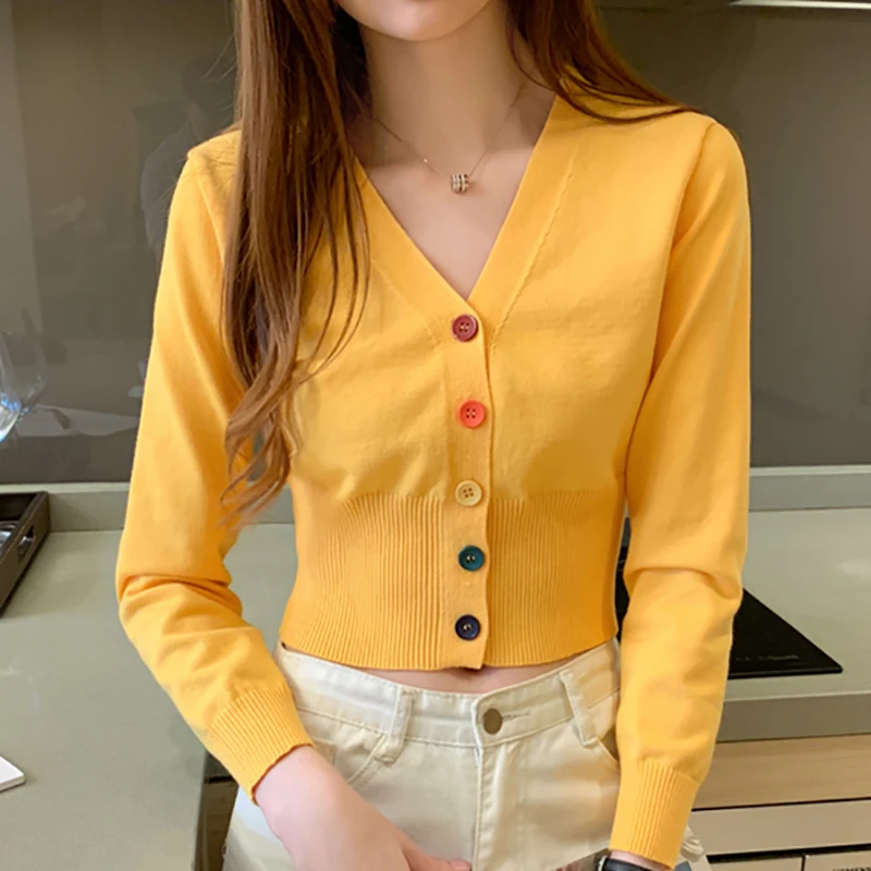 

Yellow Ladies Cardigan Korean Sweater Women 2021 Thin Knitted Coat Autumn Button V Neck Slim Long Sleeve Top Short Cardigan