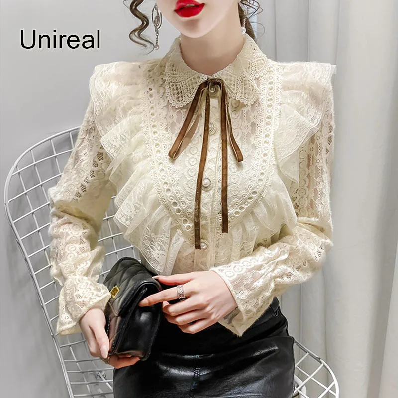 

Unireal 2021 Spring Autumn Women Lace Blouse Shirt Long Sleeve Vintage Cute Bow Sexy Ruffle Blouse Tops