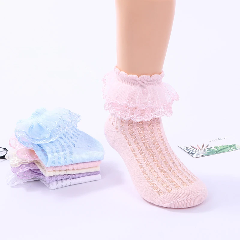 3 Pairs Children Lace Socks Summer Cotton Girls Short Dance Socks Mesh White Flowers Hollow Out Ruffle Kids Princess Sock