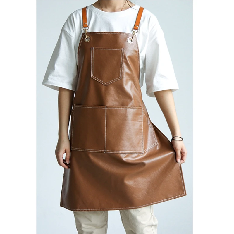 

39XB Leather Working Apron Cross Back Adjustable Chef Apron Multi-pocket Sleeveless Adjustable Strap and Large Pockets