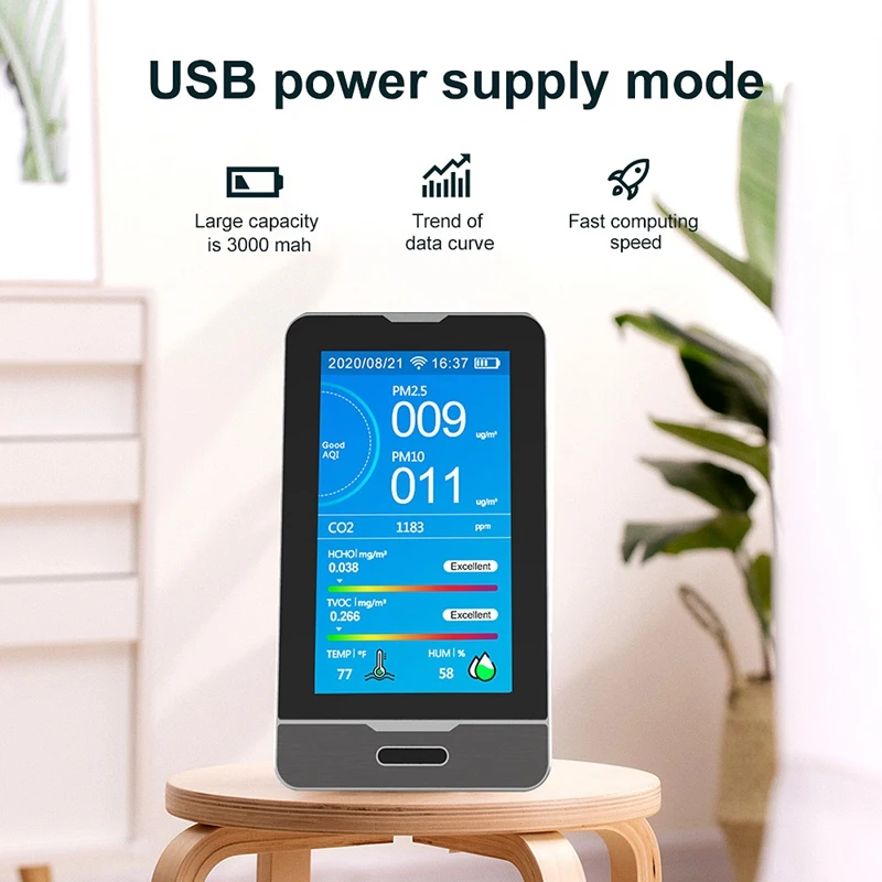 

WIFI PM2.5 PM1.0 PM10 Temperature Humidity Air Quality Monitor LED Display Intelligent CO2 HCHO TOVC Gas Detector