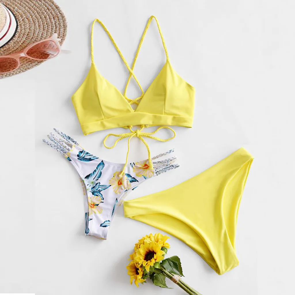 

Fashion Women's Solid Bikini Floral Print Set Swimsuit Three Piece Filled Bra Push Up Padded Swimwear Beachwear