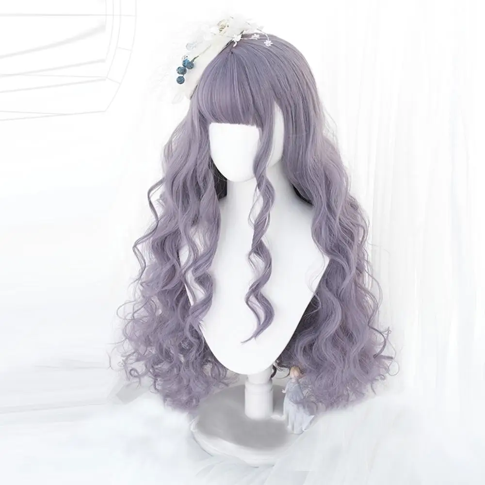 

CosplayMix 72CM Long Curly Gray Mixed Purple Ombre Bangs Cute Party Synthetic Hair Cosplay Wig For Women +Cap
