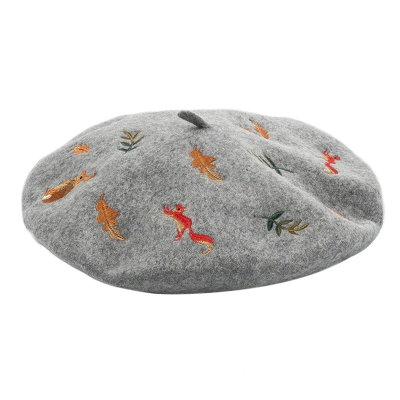 

Korean Women Winter Faux Wool Elastic Beret Cap Kawaii Cute Cartoon Forest Rabbit Squirrel Embroidery Painter Beanie Hat