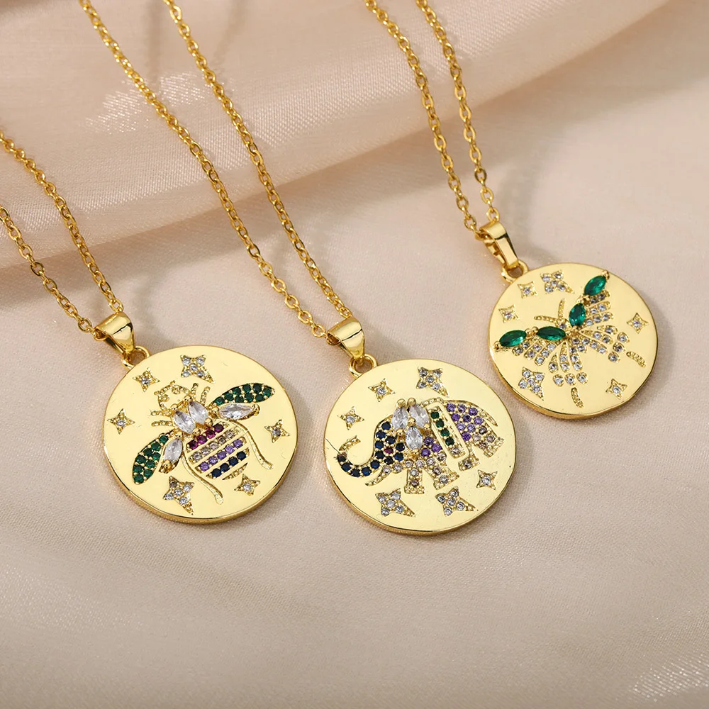 

Luxury Round Pendant Necklaces For Women Multicolor Zircon Bee Butterfly Elephant Animal Charm Necklace Christmas Jewelry Gift
