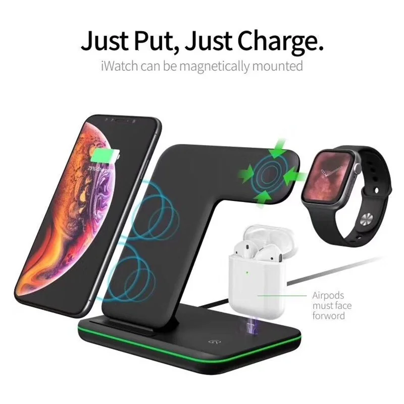 Беспроводная зарядная станция Qi 15 Вт для iPhone 11 Pro XS Max XR X 8 Fast 3 в 1 Подставка для зарядки для Apple Watch 1 2 3 4 5 AirPods