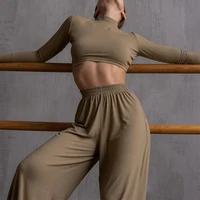 sexy two piece set women skinny turtleneck long sleeve cropped top and elastic wide leg pant suit elegant female solid tracksuit