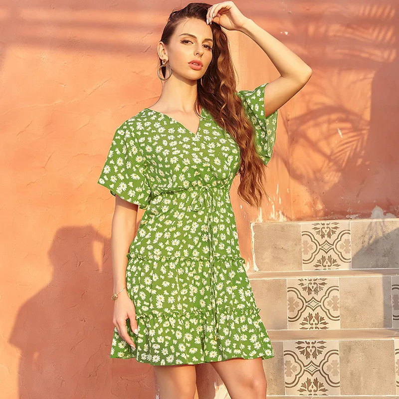 

2021 women's Chiffon V-neck lace up dress women's French casual skirt