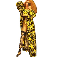 yellow print women leotard bodysuits long coat shoe cover 3 pieces set nightclub bar prom outfit singer jazz dance costume