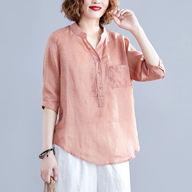 

Cotton Linen Thin Women Shirts 2021 Summer New Pocket Thin Loose Casual All Match Female Shirts Outwear Coat Tops