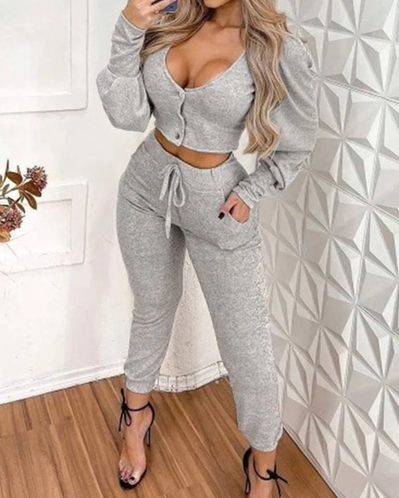 

Lantern Sleeve Button Front Crop Top & Drawstring Pants Set