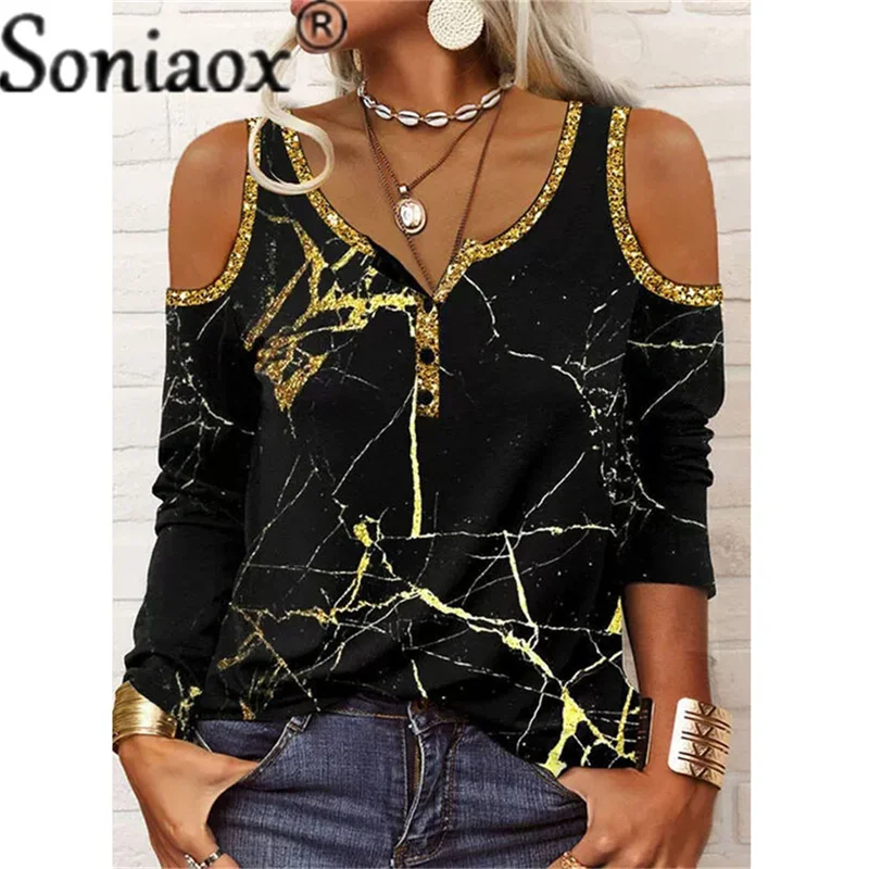 

2021 Autumn New Female Splice Fashion Casual Loose Long Sleeve T-Shirts Women Off Shoulder V-Neck Printed Button Pullover Tops