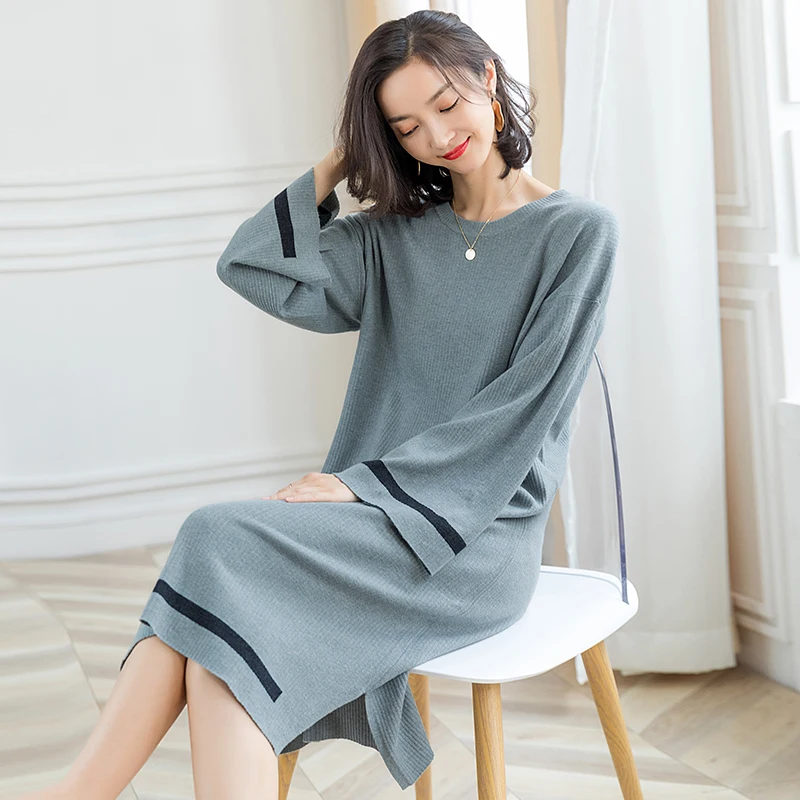 Новое поступление осеннее женское Модное Длинное платье свитер в полоску