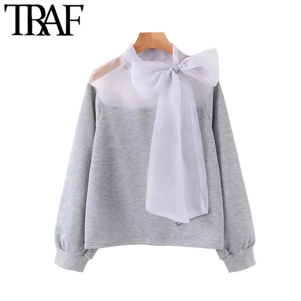TRAF, женские винтажные стильные Лоскутные кофты из органзы, модный воротник с галстуком-бабочкой, длинный рукав, прозрачные пуловеры, шикарные топы